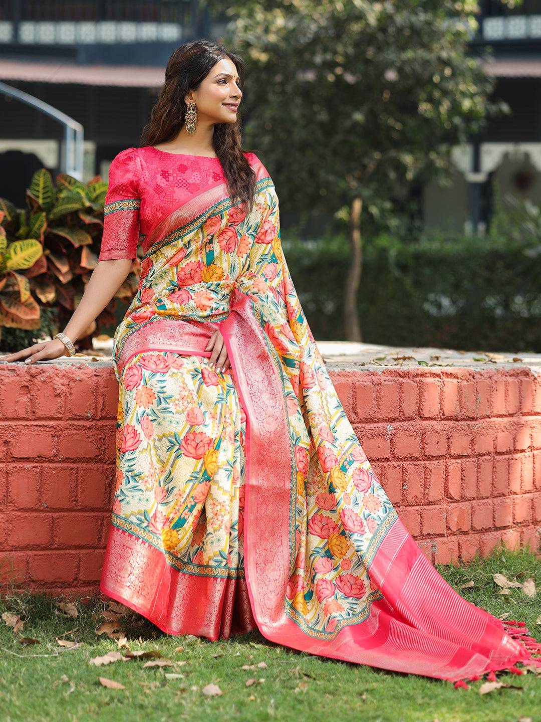 Yellow Colour Phulkari Design Zari Weaving Pallu Saree - Luxe