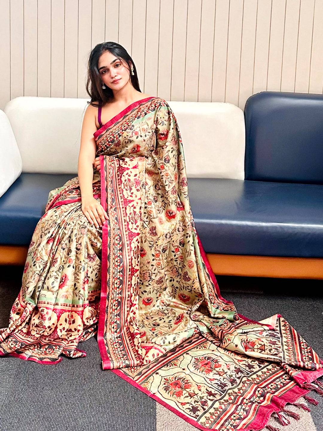 Pista Tussar Silk Flower Pashmina Print Saree by My Store