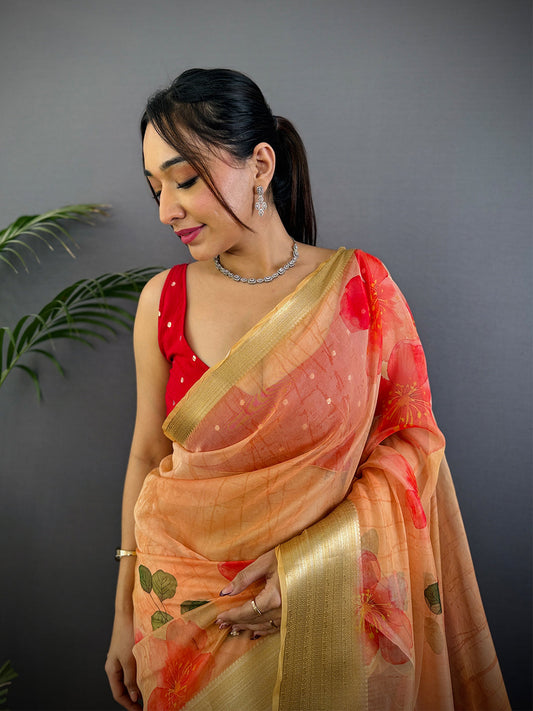 Peach Soft Organza Digital Print Saree by My Store