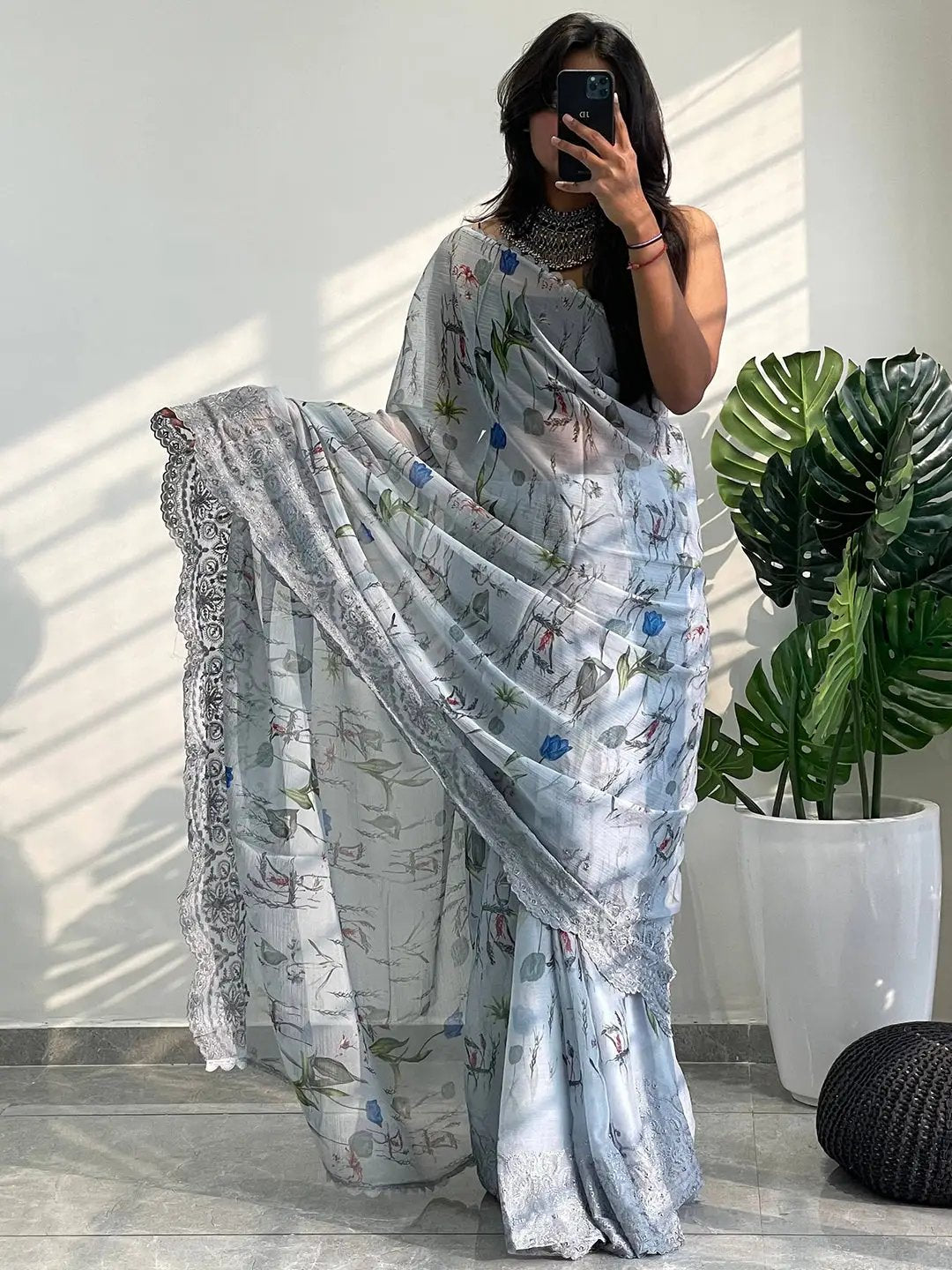 Soft Chiffon Satin Saree with Cut Work Embroidered Boder by My Store