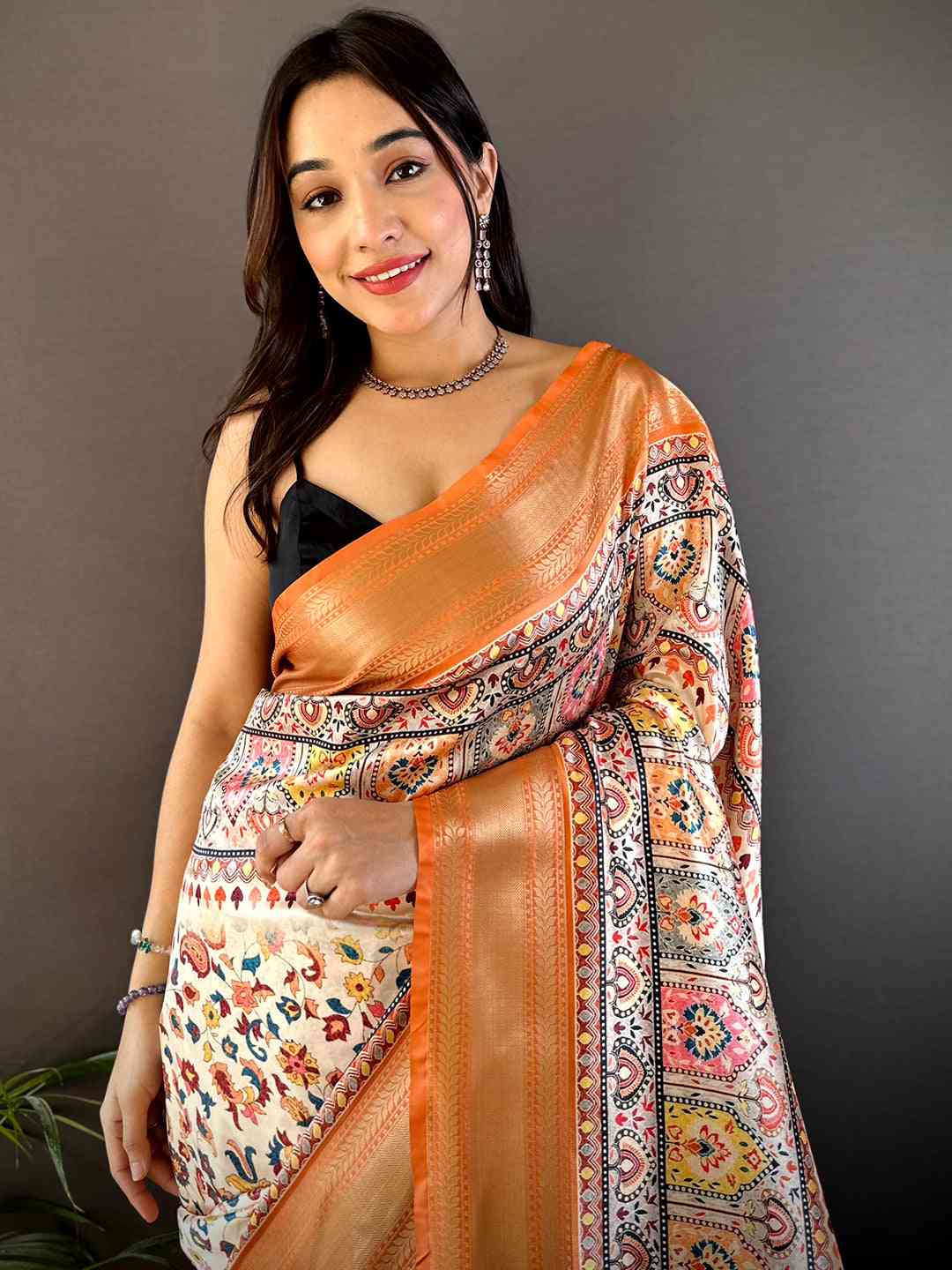 Light Orange Mughal Kalamkari Print Pashmina Saree by My Store