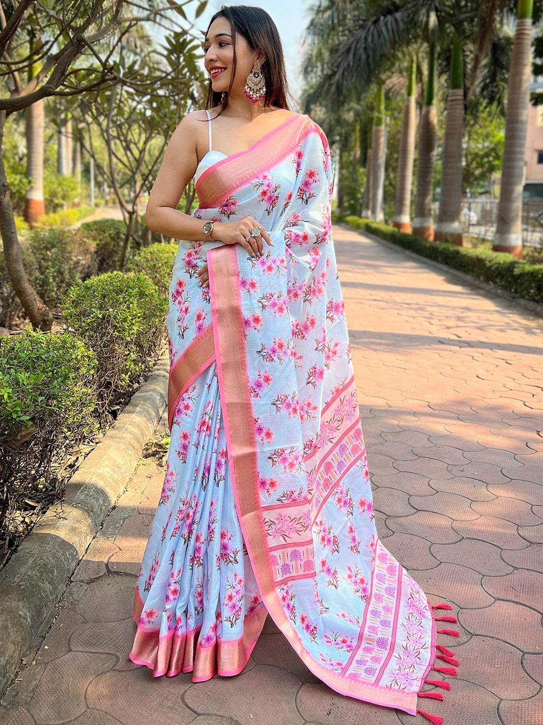 Light Blue Kota With Digital Floral Printed Saree by My Store
