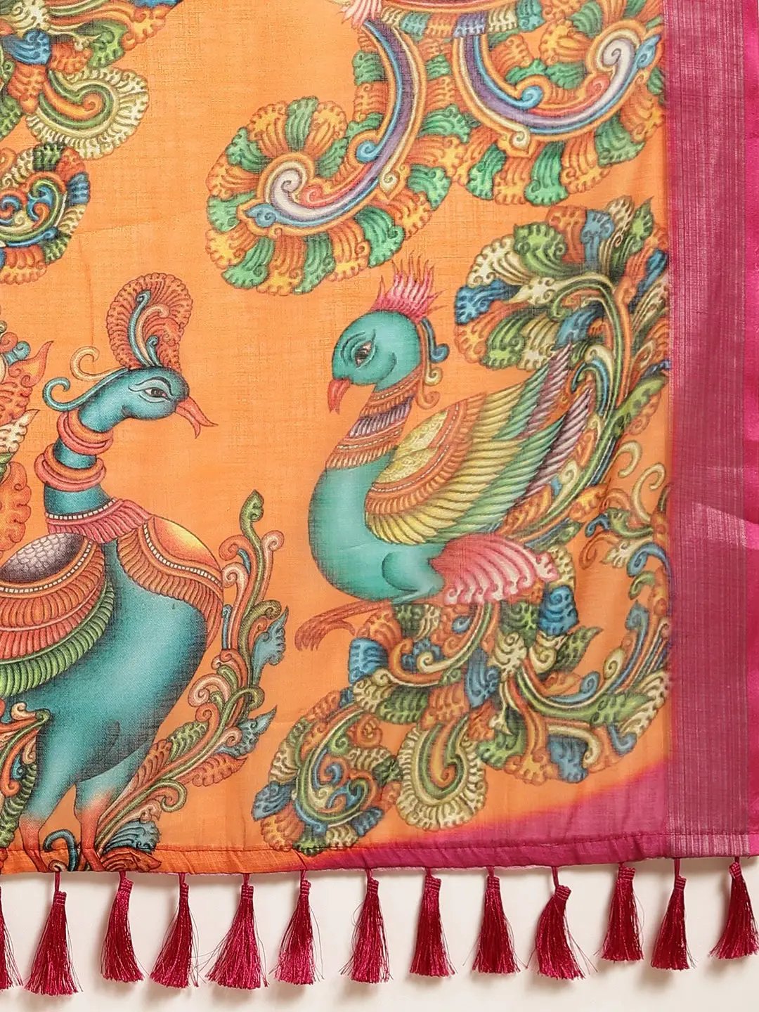 Orange Colour Kalamkari Print Saree With Zari Border by My Store