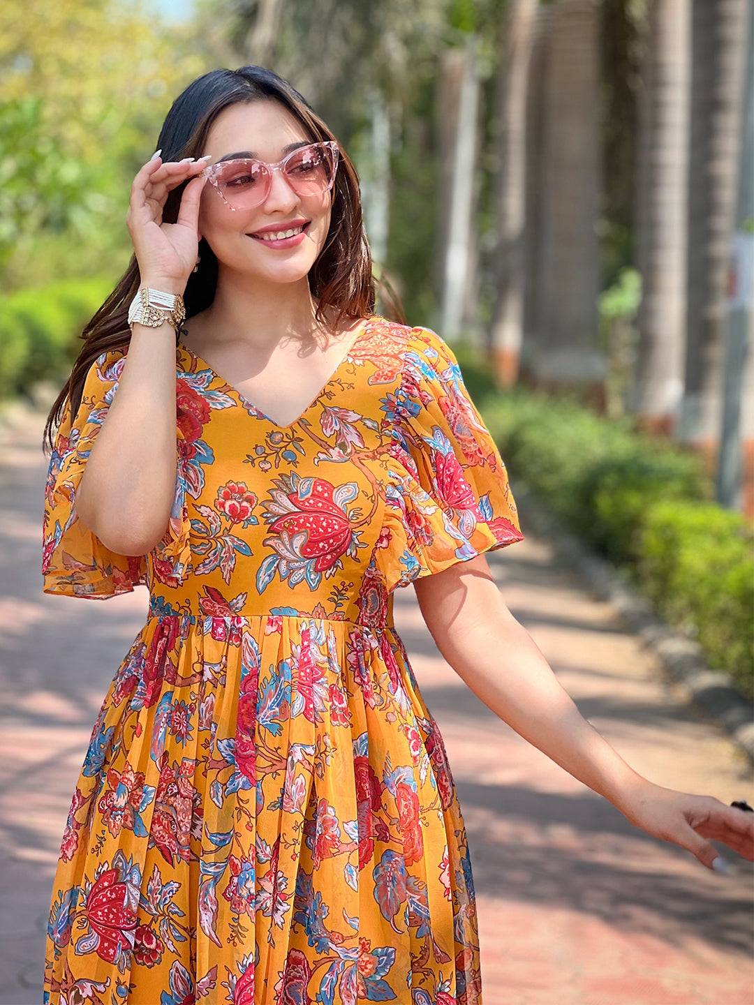 Honey Yellow Chints Flower Dress by My Store