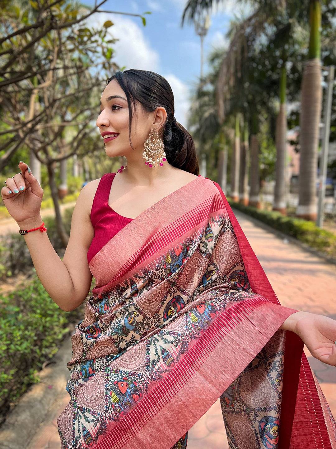 Trendy Slub Tussar Silk Madhubani Kalamkari Block Print Saree