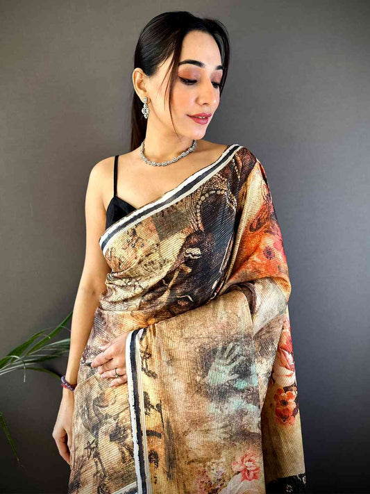 Orange Gold Zari Tussar Batik Print Saree by My Store