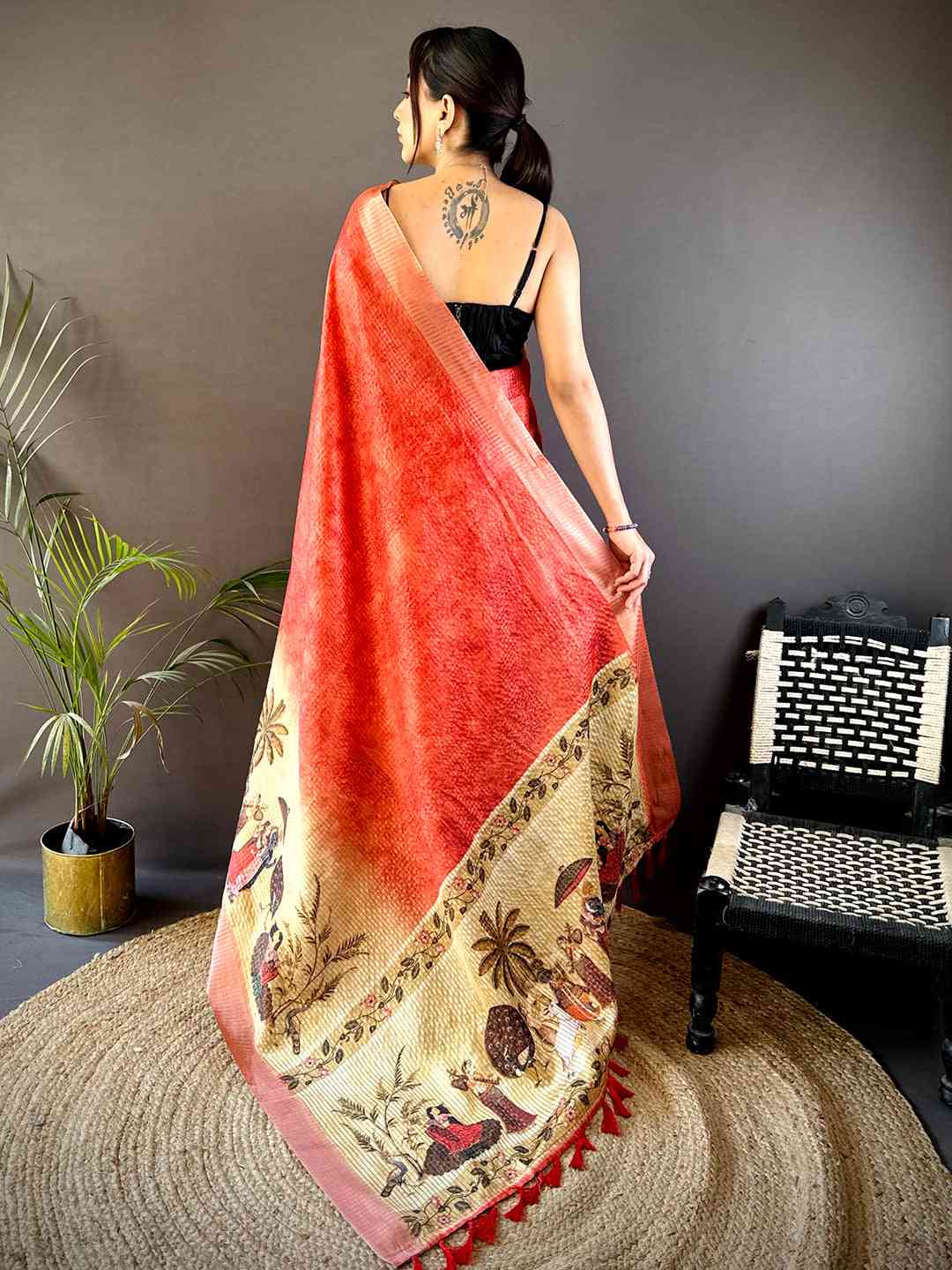Red Kalamkari Pichwai Black Check Saree by My Store