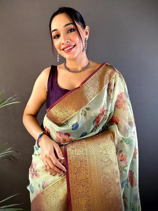 Jade Green Floral Gold Zari Tissue Saree by My Store