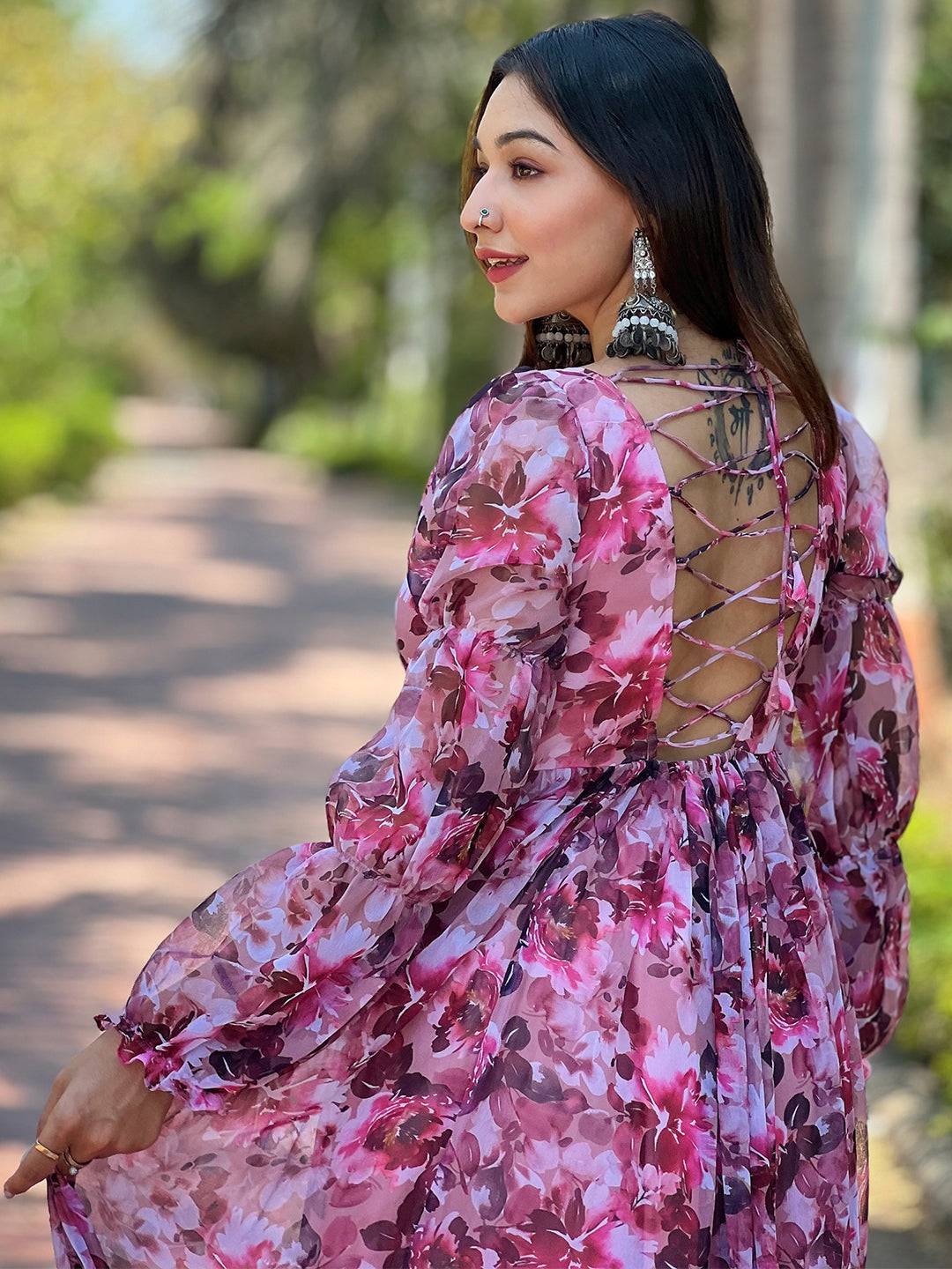 Wine Floral Bundl Print Dress