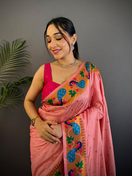 Peach Yeola Paithani Soft Silk Saree by My Store