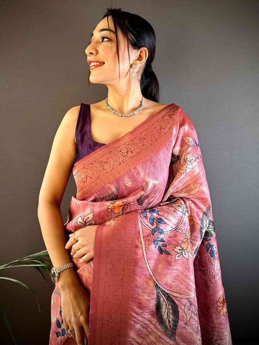 Peach Banarasi Kalamkari Print Saree by My Store