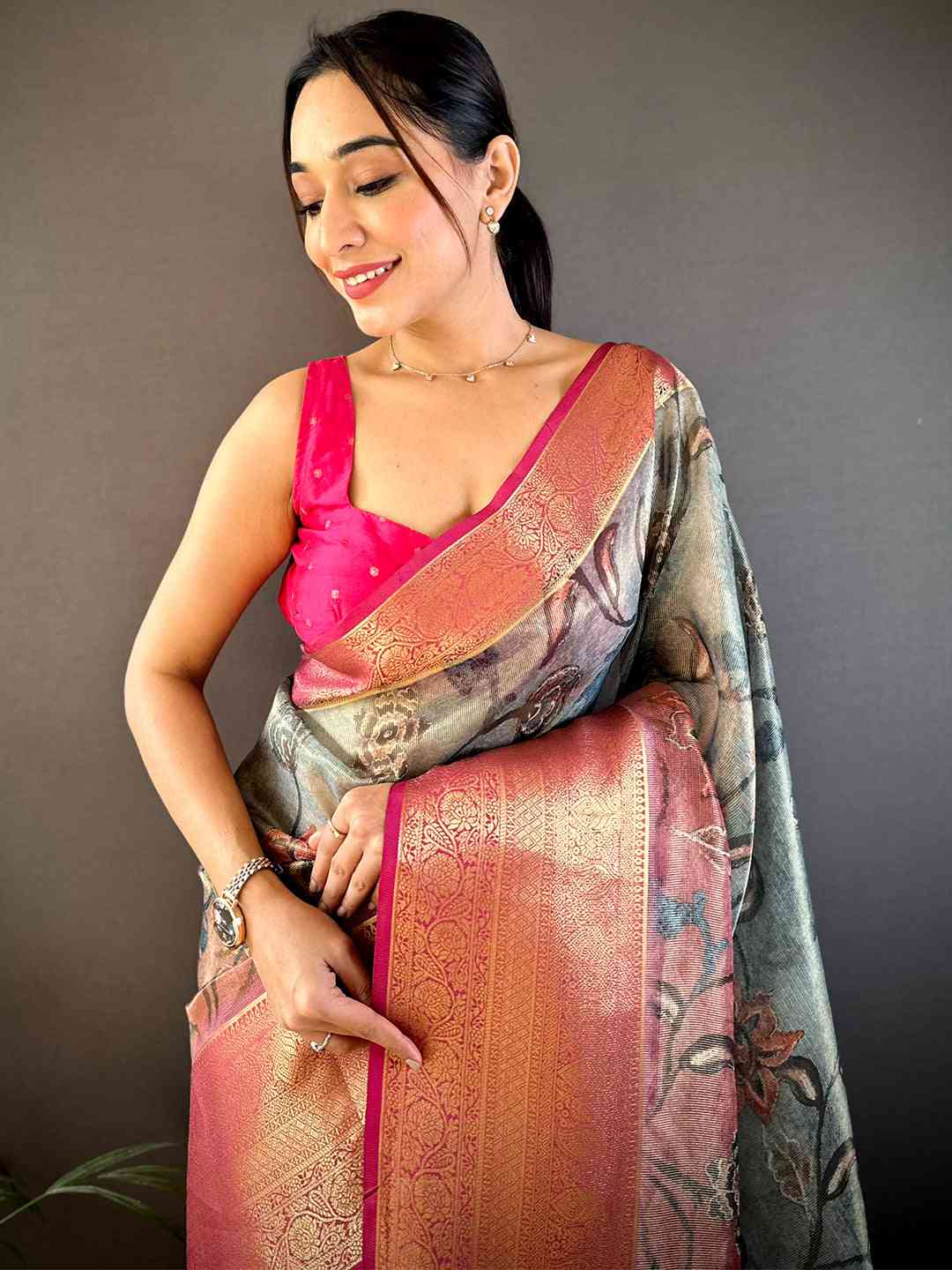 Omber Kalamkari Gold Zari Tissue Saree by My Store