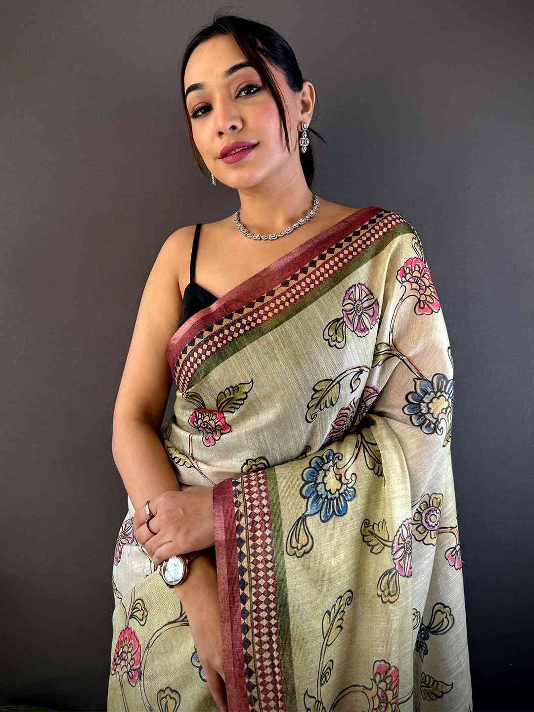 Swamp Green Zari Tussar Floral Saree by My Store