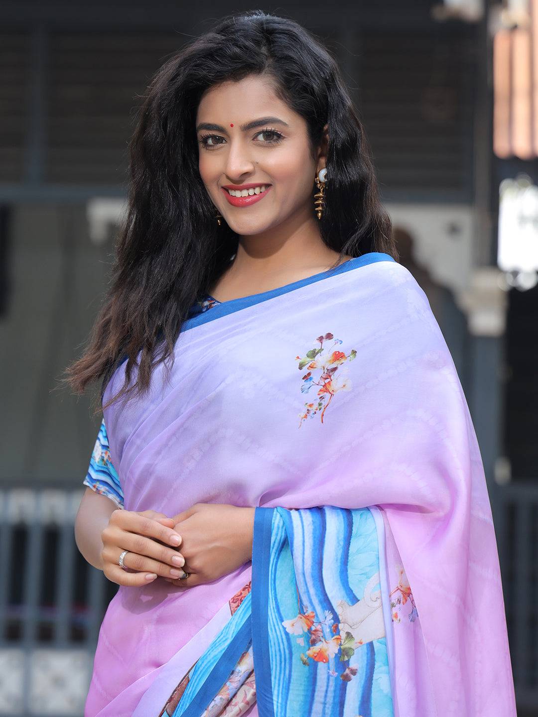 Satin Georgette Lavender Colour Hand Print Saree - Luxe by My Store