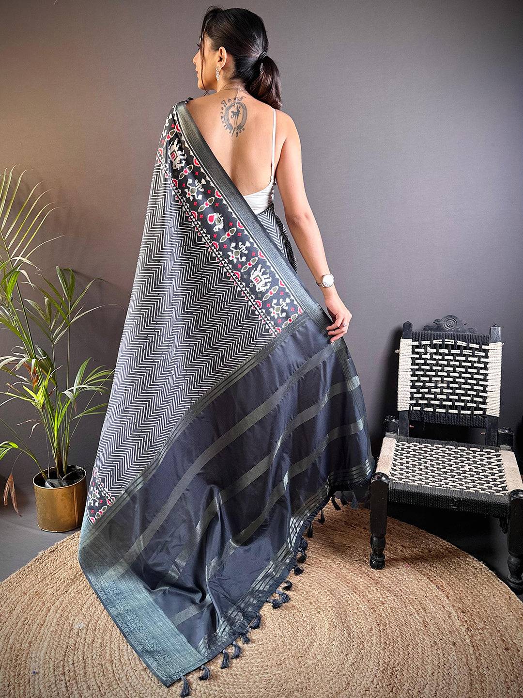 Grey Zig Zag Kalamkari Kanchi Silk Saree by My Store