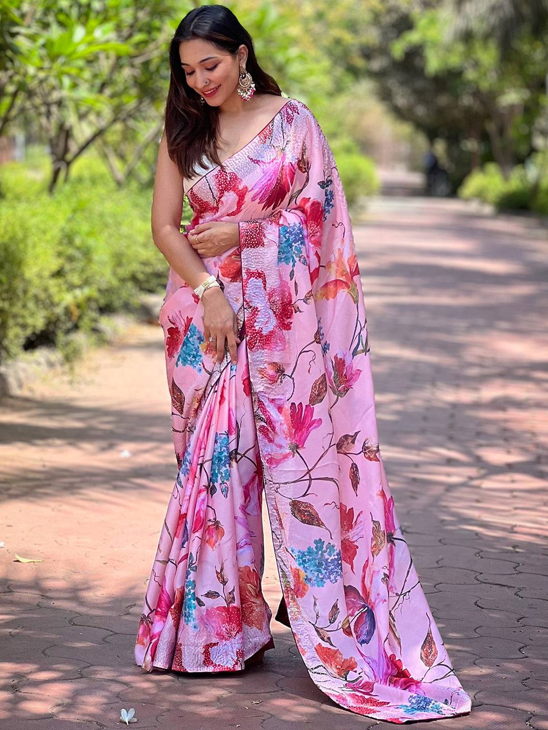 Satin Georgette Peach Floral Digital Print Saree by My Store