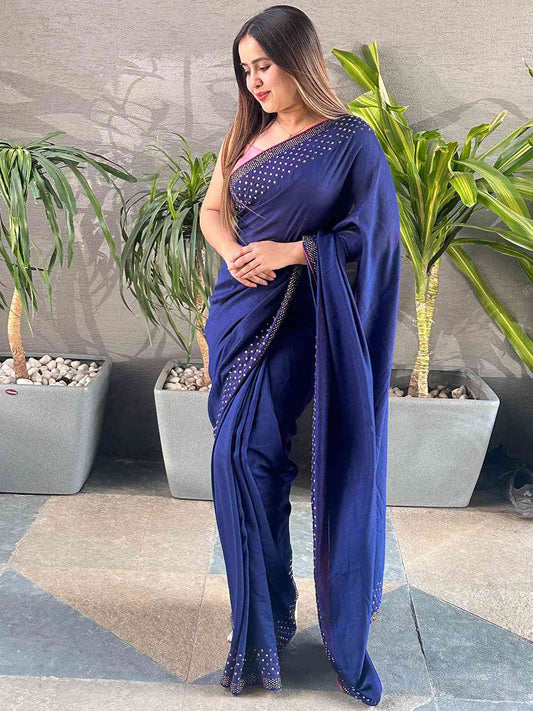 Navy colour Vichitra Silk Saree With Embellish Swarovski Stone work by My Store