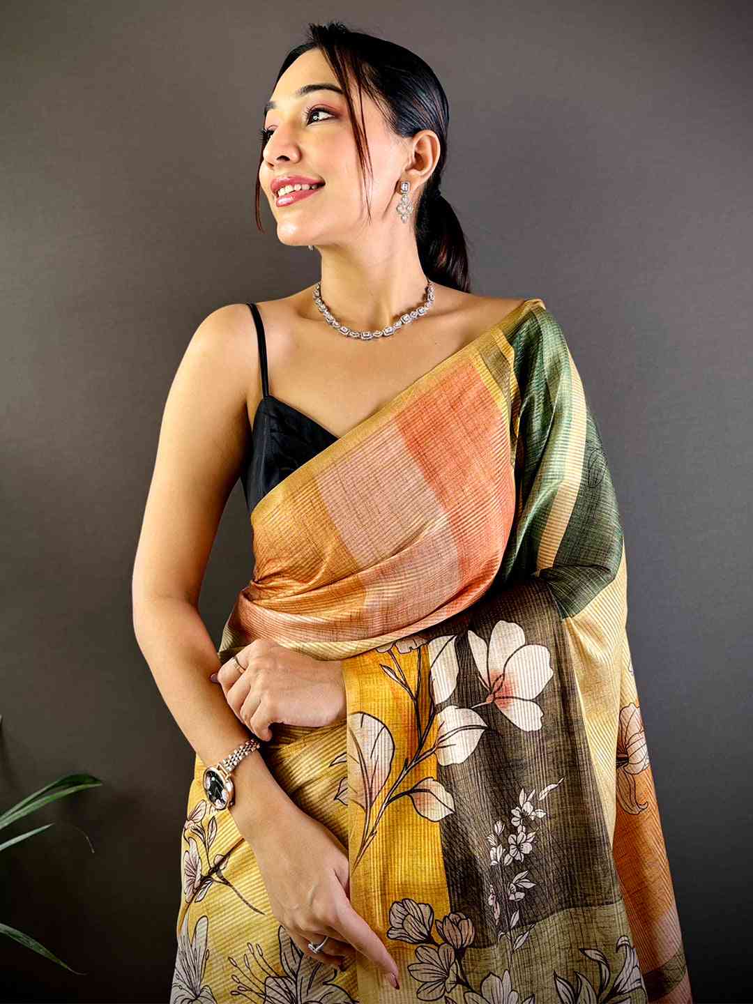 Light Yellow Tussar Zari Floral Saree by My Store