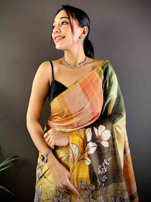 Light Yellow Tussar Zari Floral Saree by My Store