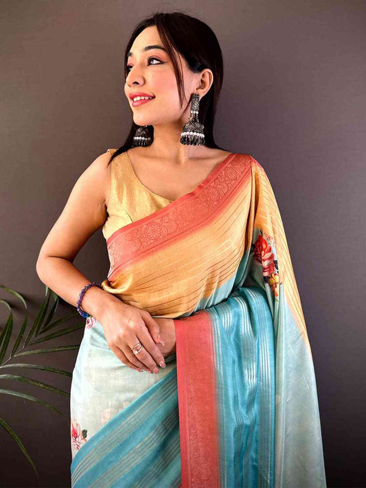 Pastel Yellow Soft Crepe Silk Digital Ombre Saree by My Store