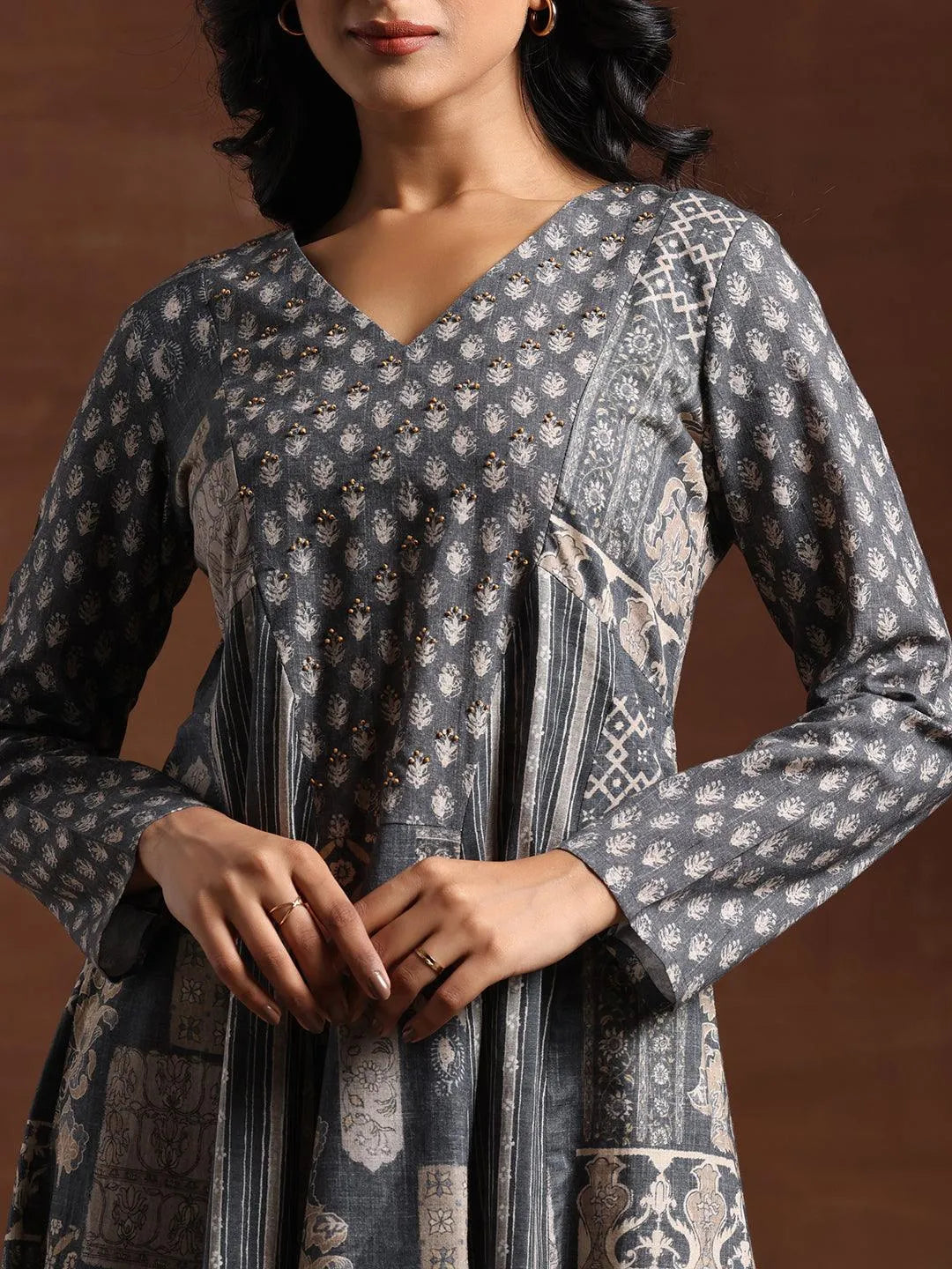 Grey Printed Cotton Blend A-Line Dress by My Store