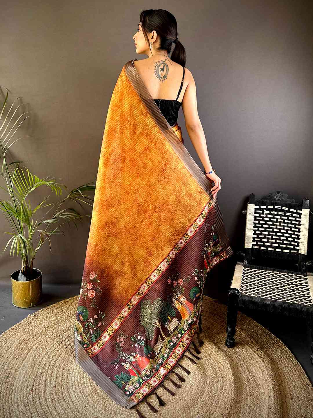 Mustard Kalamkari Pichwai Black Check Saree by My Store