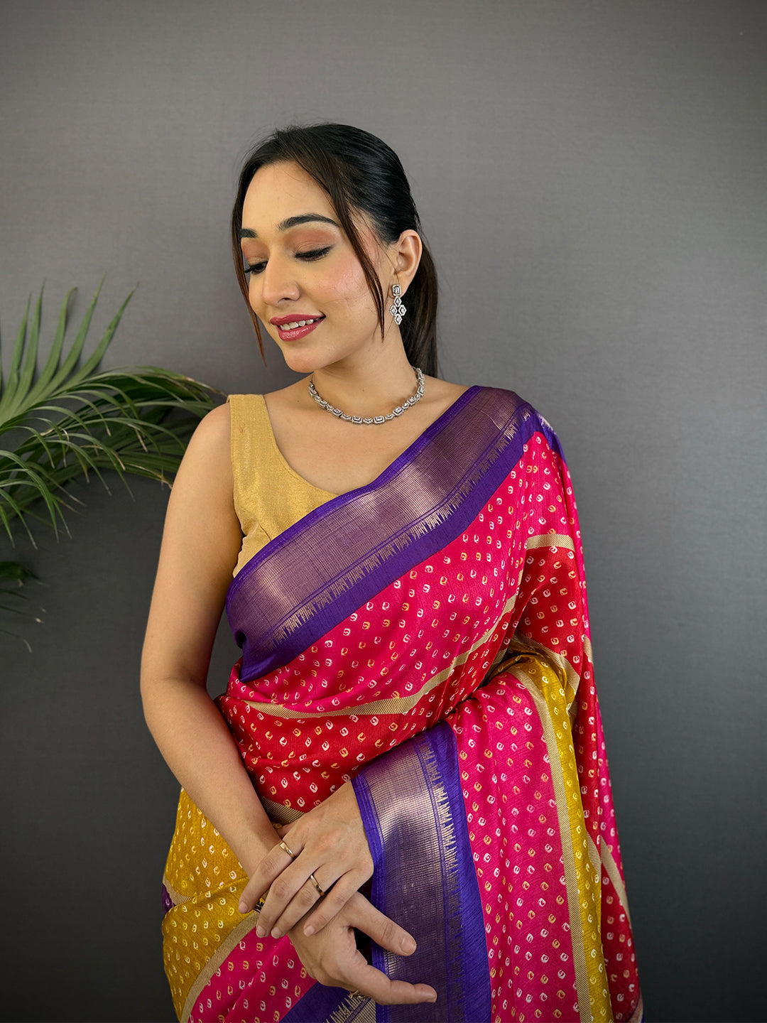 Purple Soft Dola Bandhej Print Saree by My Store