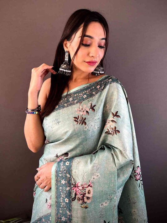 Pastel Green Zari Tussar Floral Print Saree by My Store