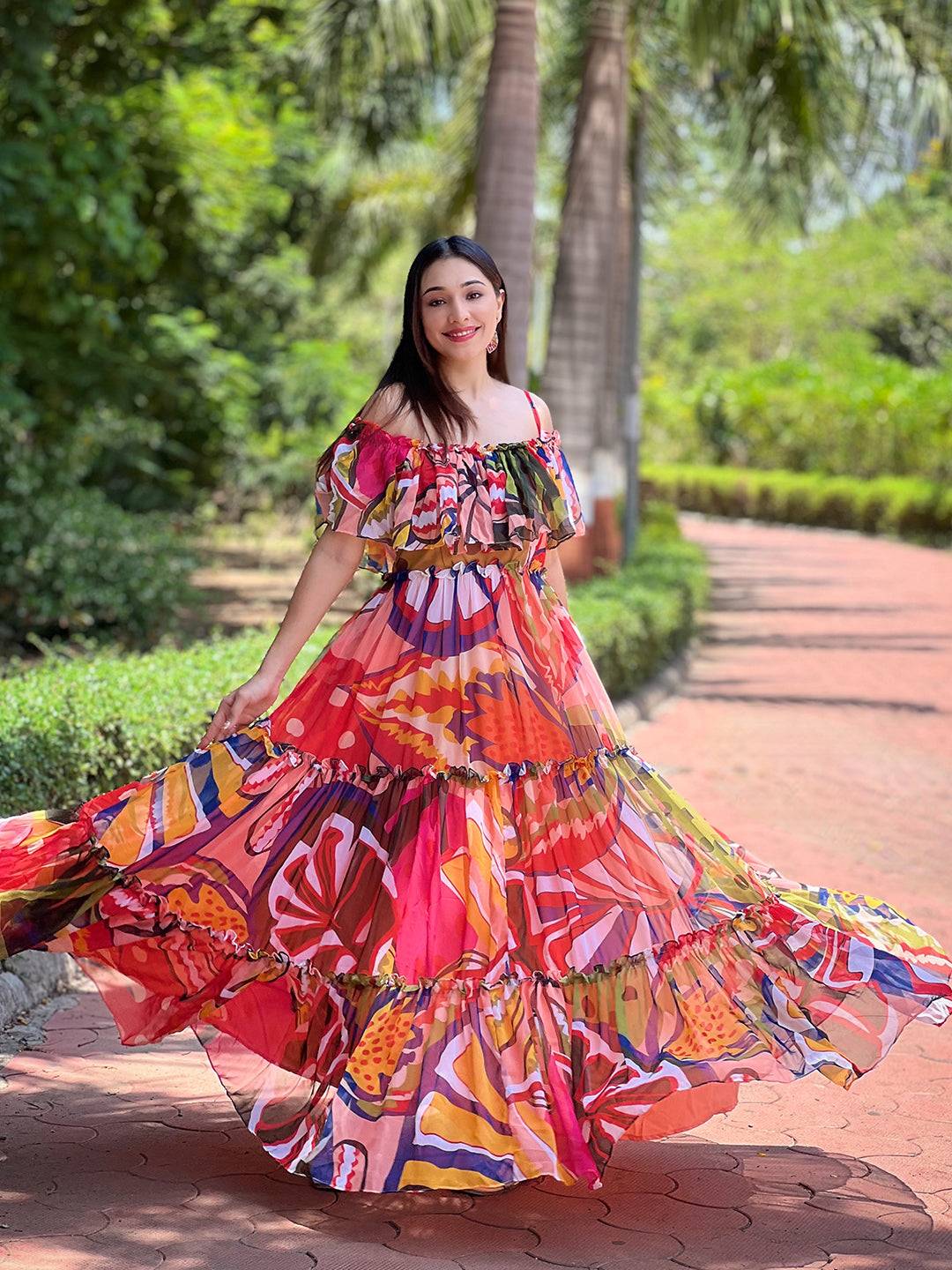 Tropical Printed Off-shoulder Maxi Dress