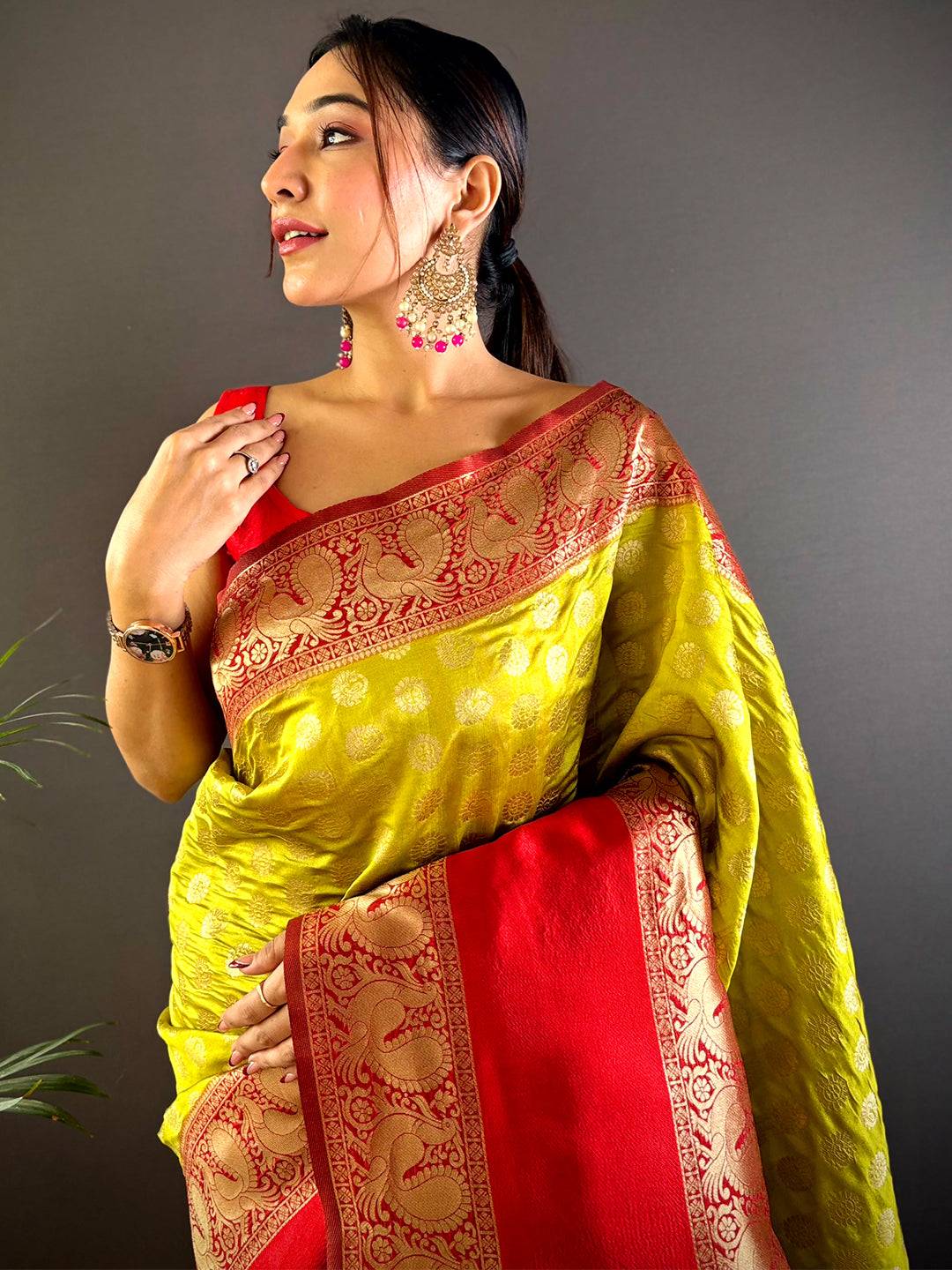 Lime Banarasi Silk Saree With Pattu Zari Border by My Store