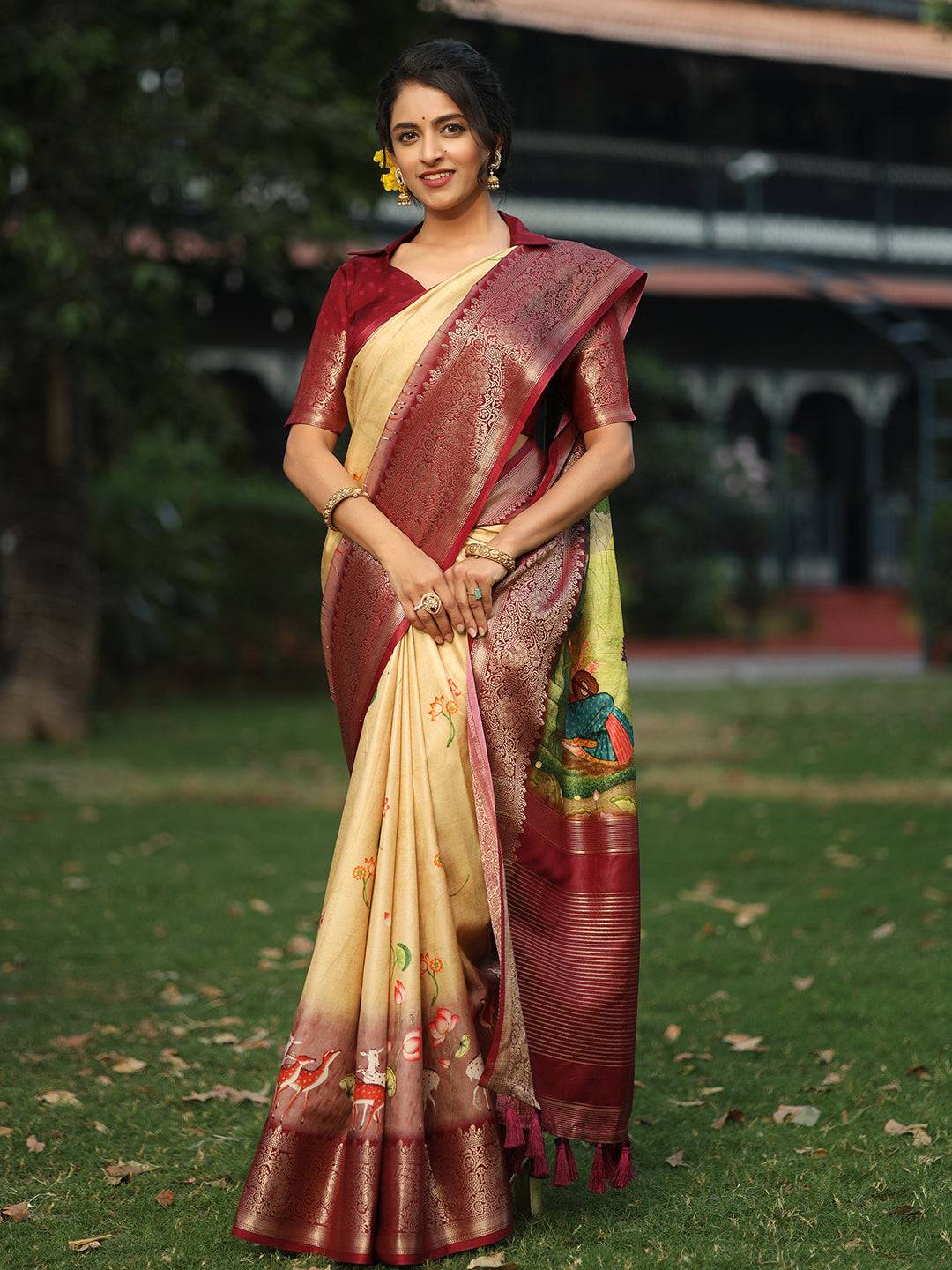 Pichwai Print Zari Weaving Pallu Saree In Yellow Colour - Luxe by My Store