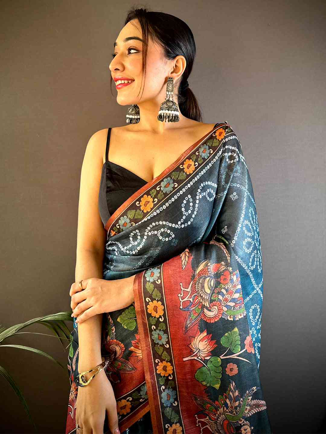 Blue Tissue Bandhej Kalamkari Saree by My Store