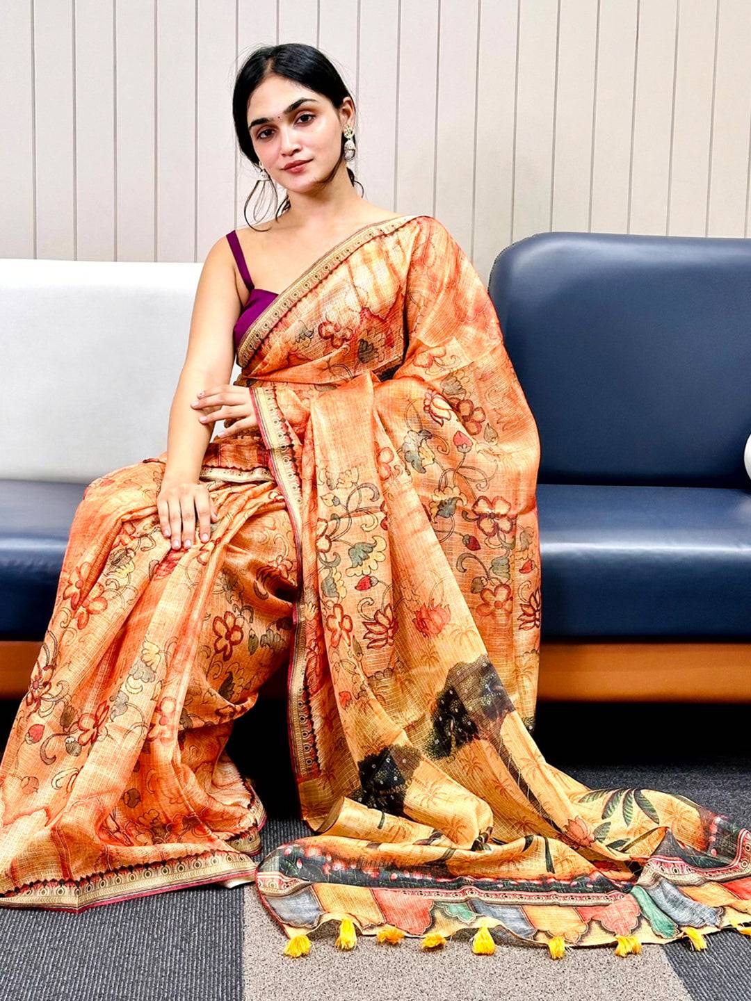 Orange Kota Doriya Silk Saree With Floral Print by My Store