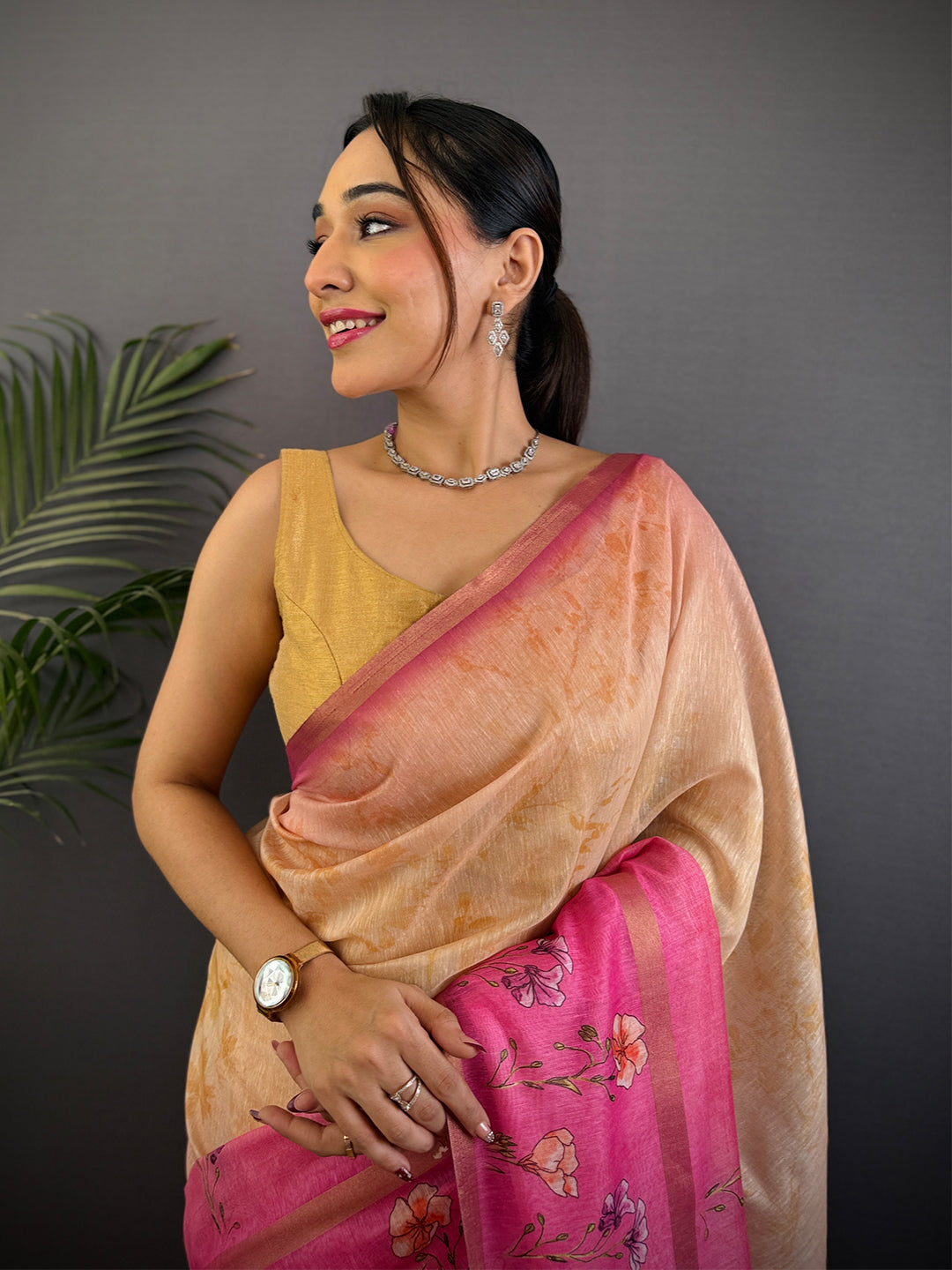 Light Pink Linen Chanderi Floral Print Saree by My Store