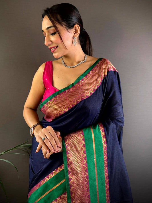 Navy Gold Zari Silk Saree by My Store