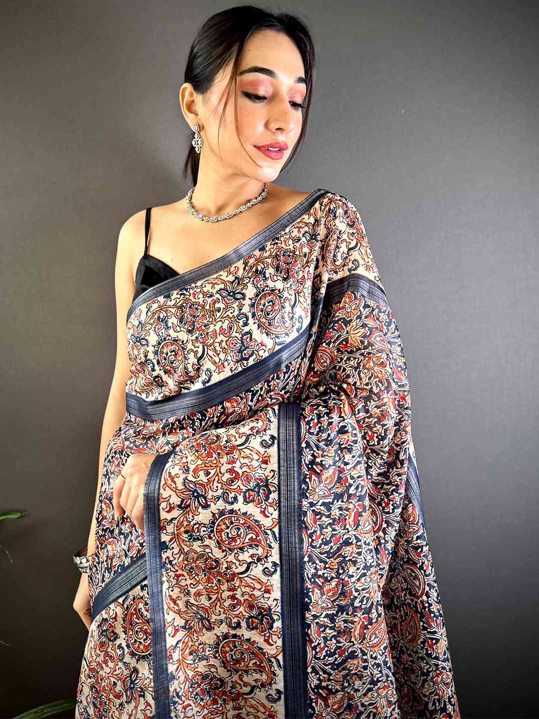 Navy Chanderi Phulkari Floral Digital Print Saree by My Store