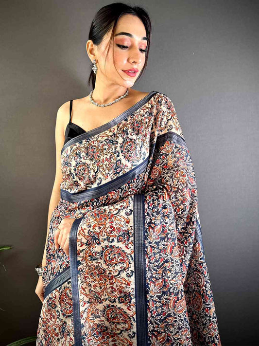 Navy Chanderi Phulkari Floral Digital Print Saree by My Store