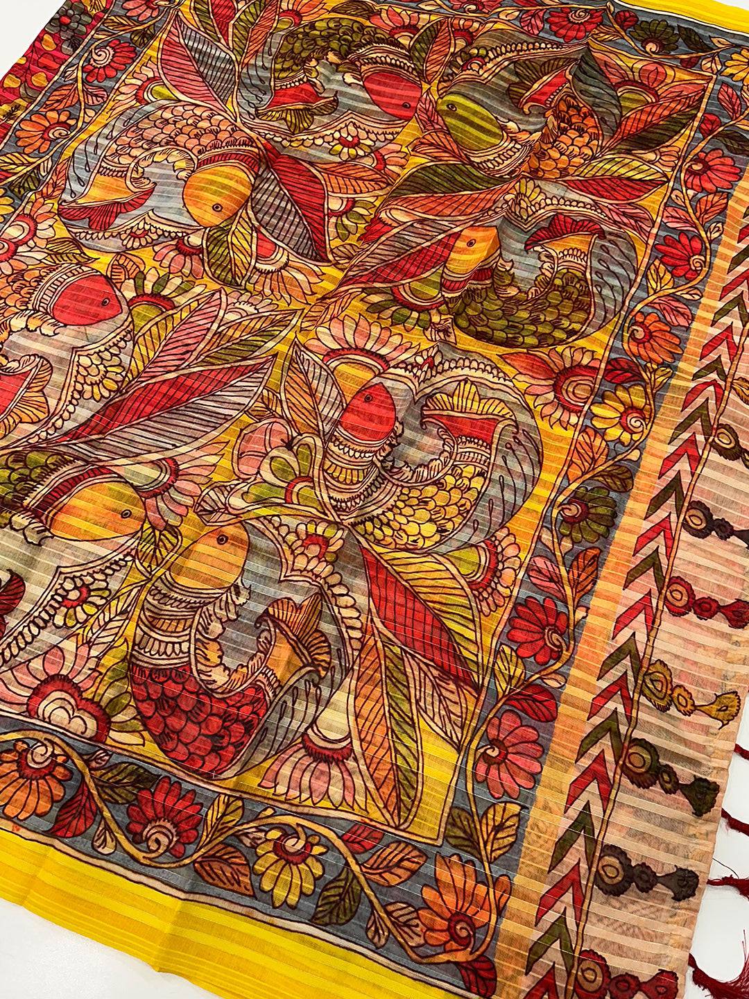 Rose Red Pen Kalamkari Linen Saree by My Store