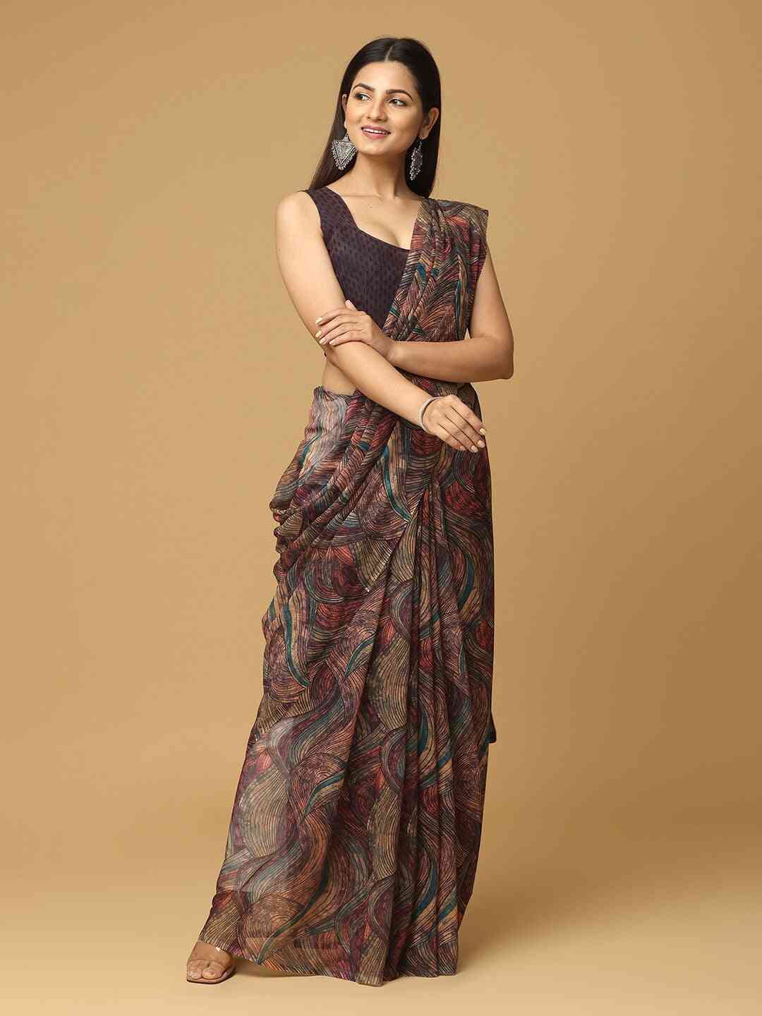 Geometric Printed Coffee Brown Poly Georgette Saree by My Store