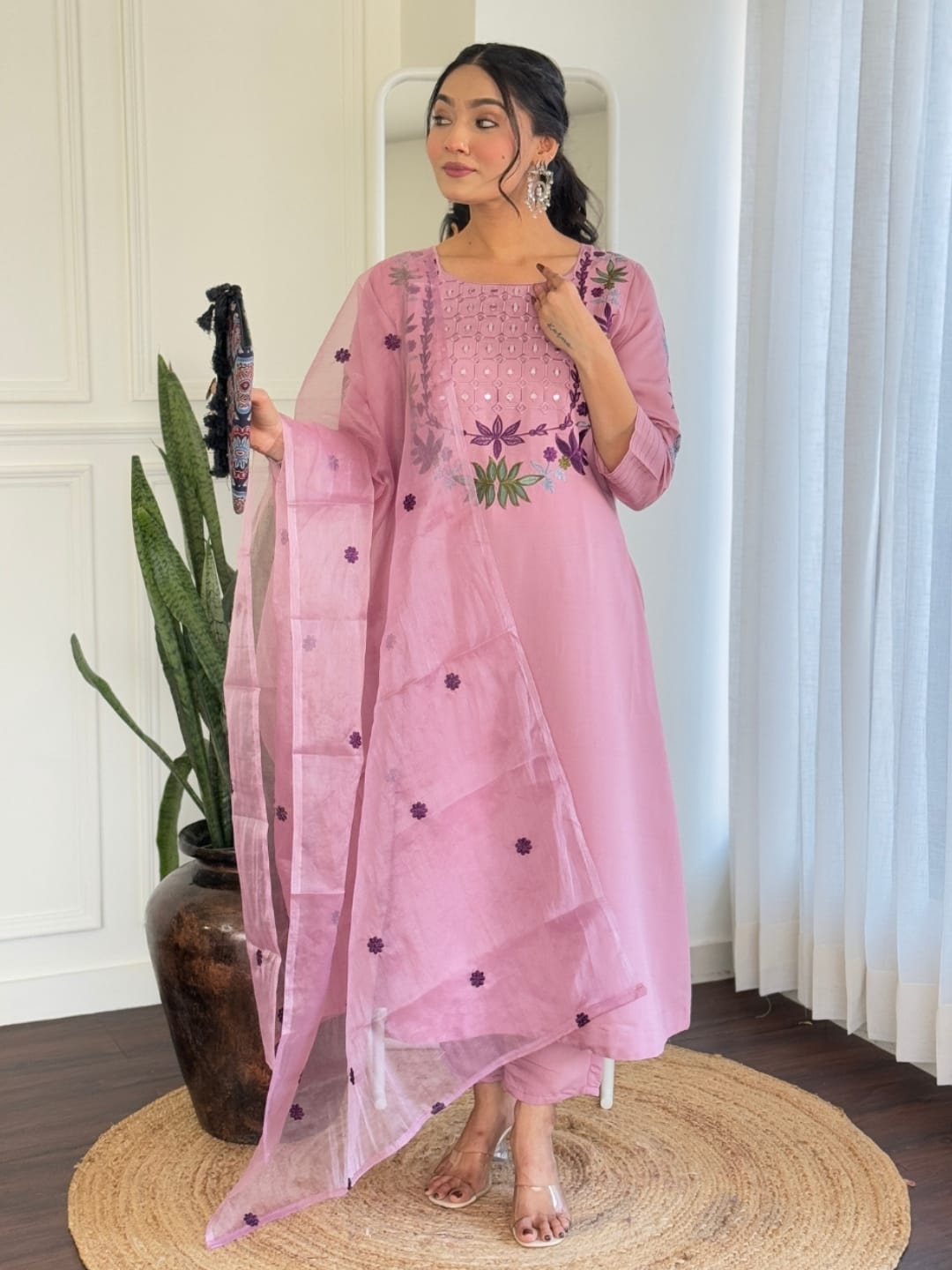 Charming Pink Embroidered Kurta Set with Sheer Dupatta