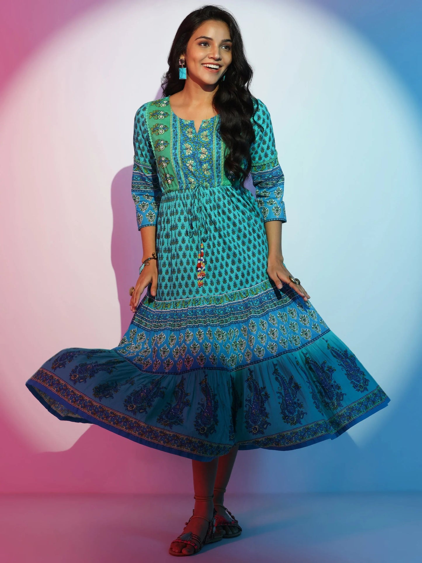 Green Printed Cotton Fit and Flare Dress by My Store
