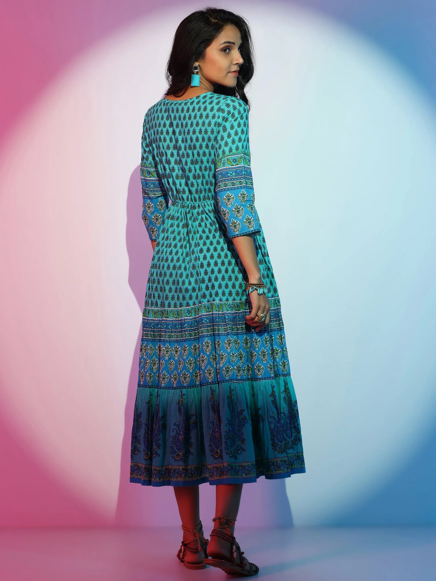 Green Printed Cotton Fit and Flare Dress by My Store