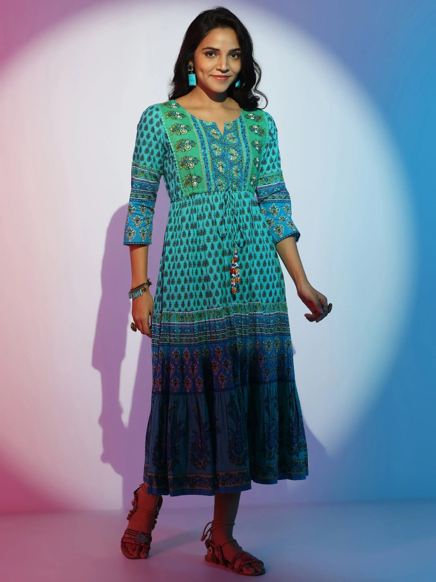 Green Printed Cotton Fit and Flare Dress by My Store