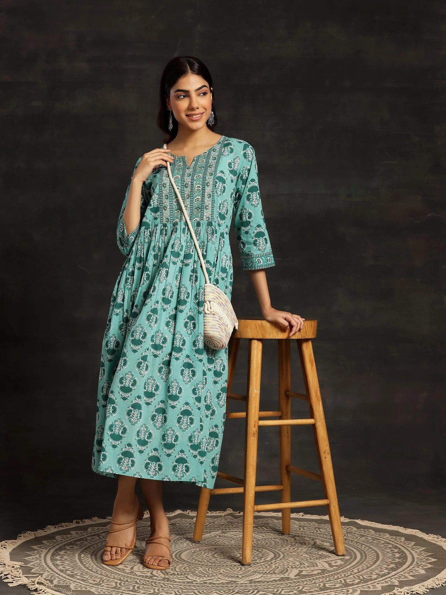 Sea Green Printed Cotton Fit and Flare Dress by My Store