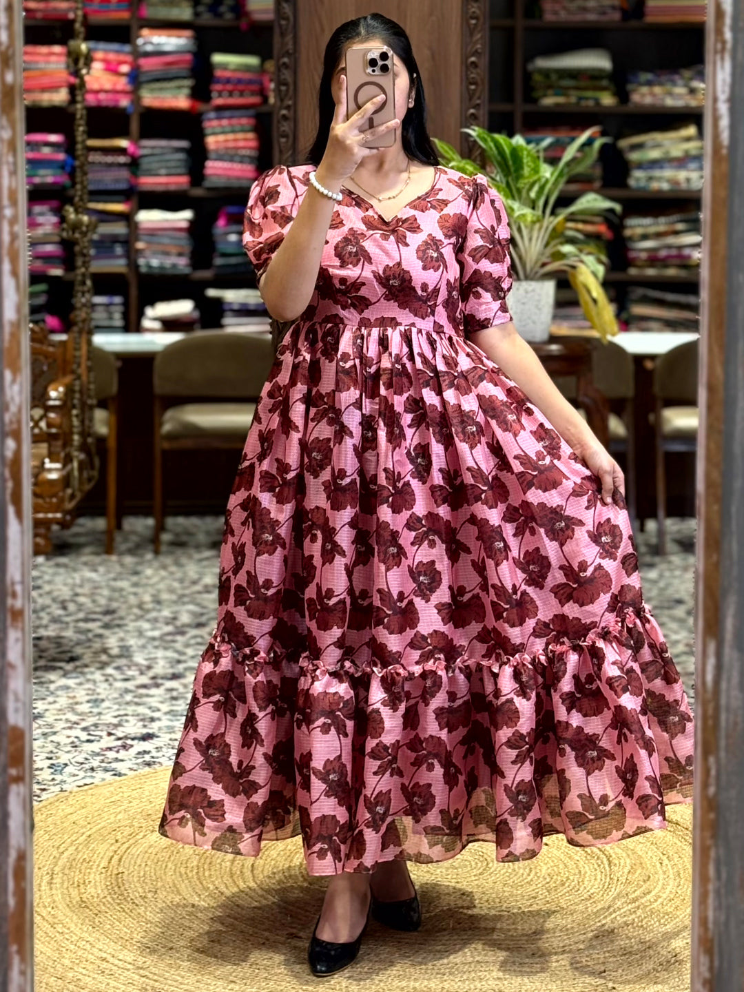 Baby Pink Floral Print Midi Dress