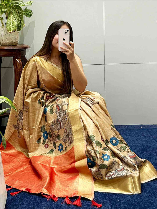 Incredible Pen Kalamkari Linen Tissue Soft Saree by My Store