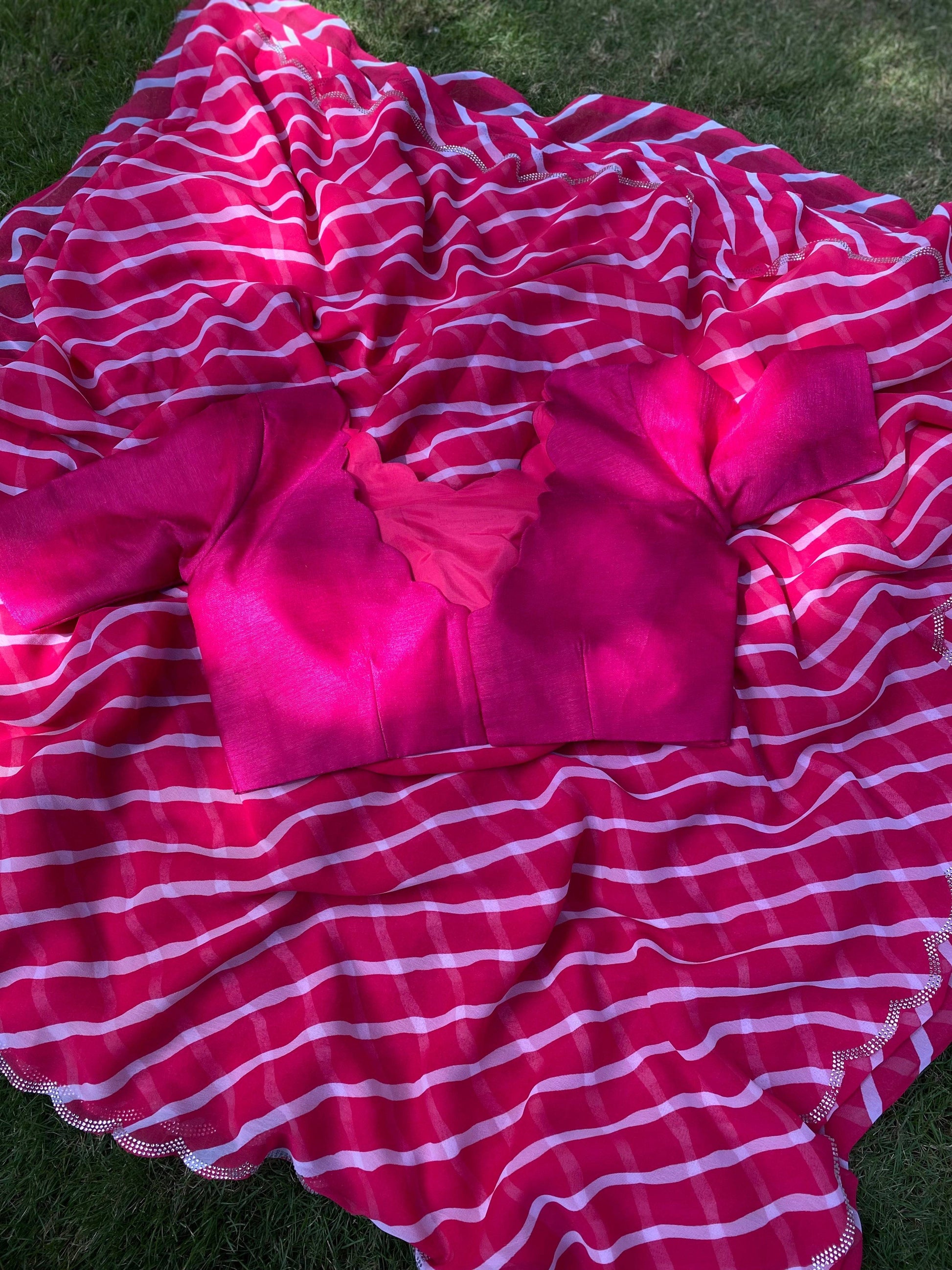 Pink Georgette Leheriya Print Swaroski Cut Work Border Saree by My Store
