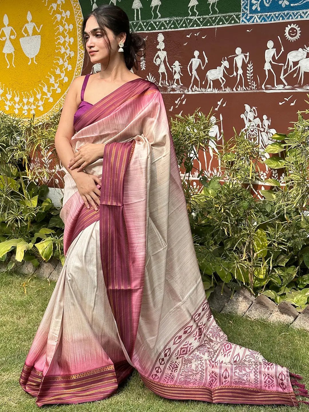 Ikkat Motifs and Paisley Prints on Ghicha Saree by My Store