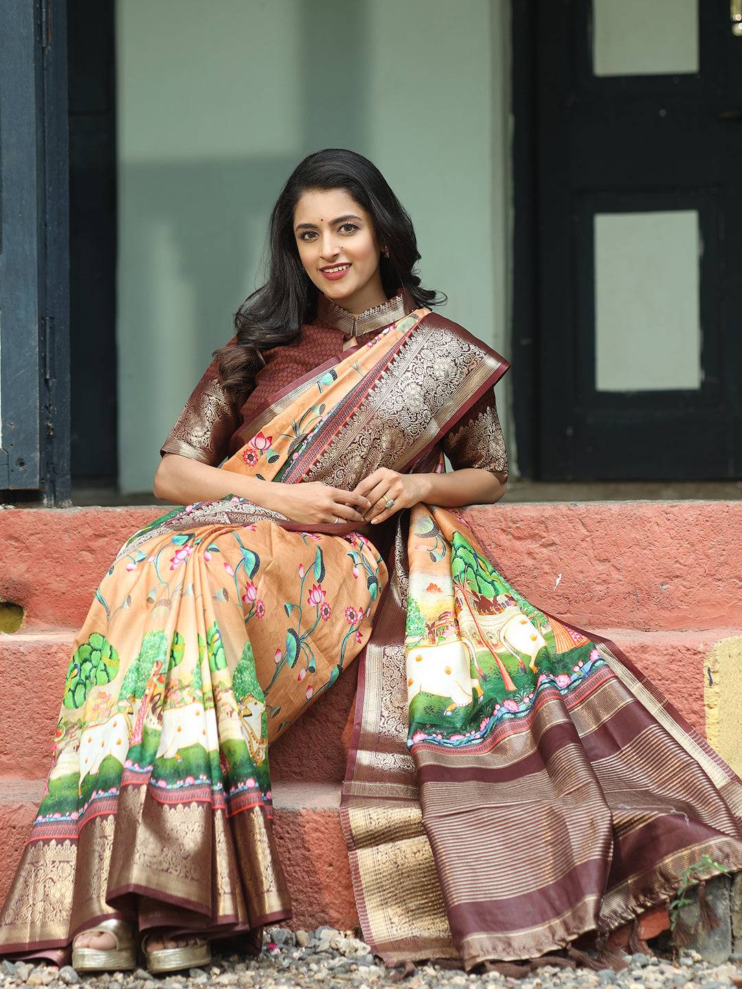 Pichwai Print Zari Weaving Pallu Saree In Peach Colour - Luxe by My Store