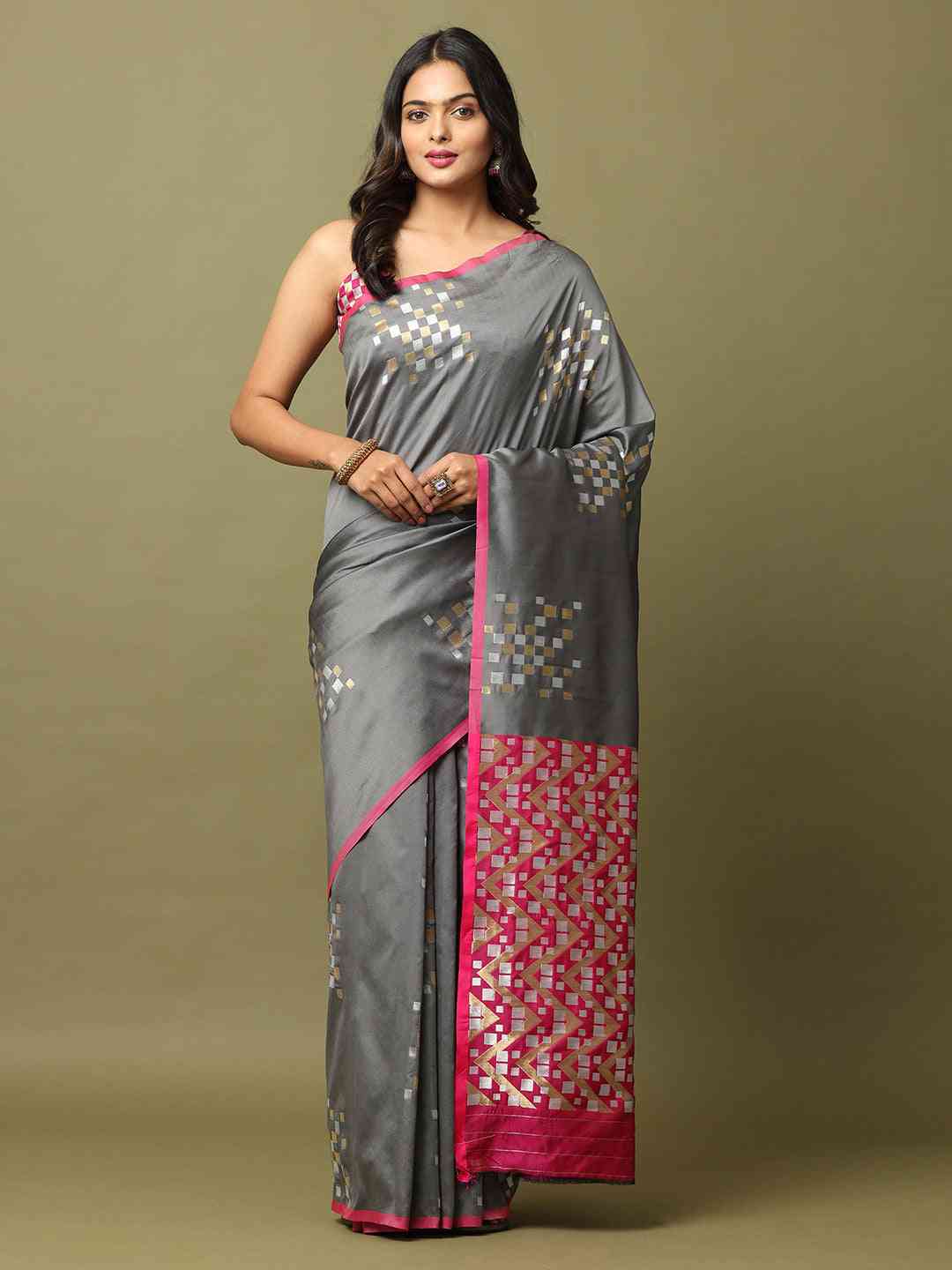 Grey Banarasi Soft Silk Kanchi Zari Weaving Saree